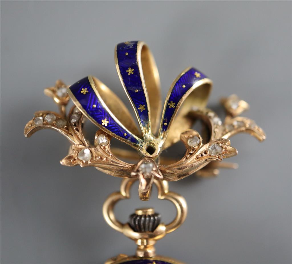 An early to mid 20th century LeCoultre & Co 18k, blue enamel and rose cut diamond set fob watch and similar brooch suspension,